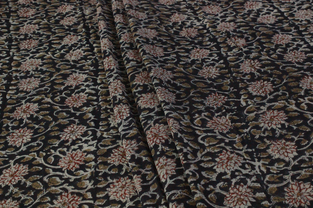 Black Cotton Traditional Floral Hand Block Print Unstiched Material For Men's Kurta Shirts & Women's Kurti and Other Dress Material