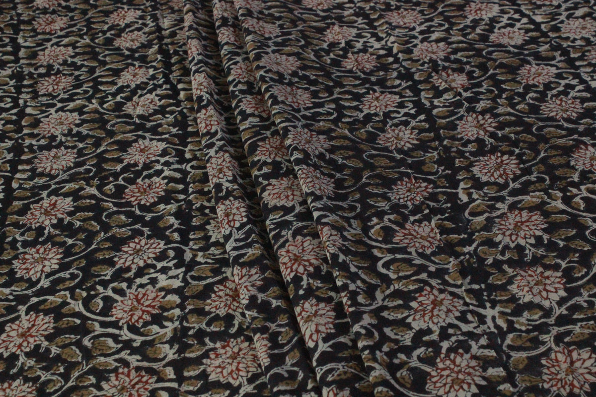 Black Cotton Traditional Floral Hand Block Print Unstiched Material For Men's Kurta Shirts & Women's Kurti and Other Dress Material