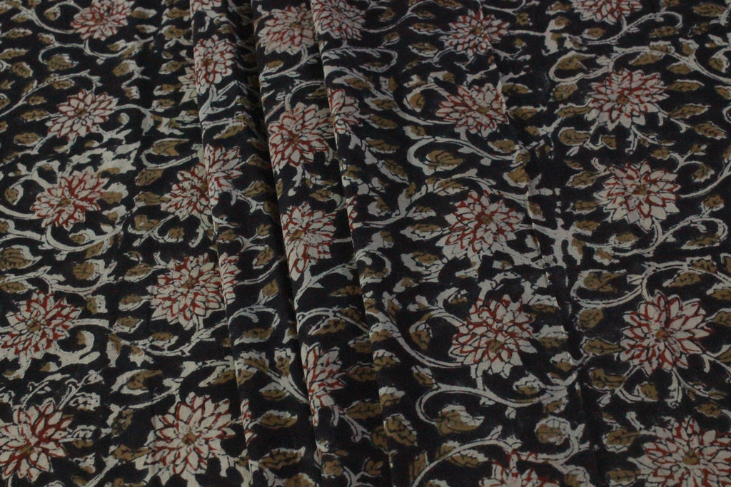 Black Cotton Traditional Floral Hand Block Print Unstiched Material For Men's Kurta Shirts & Women's Kurti and Other Dress Material