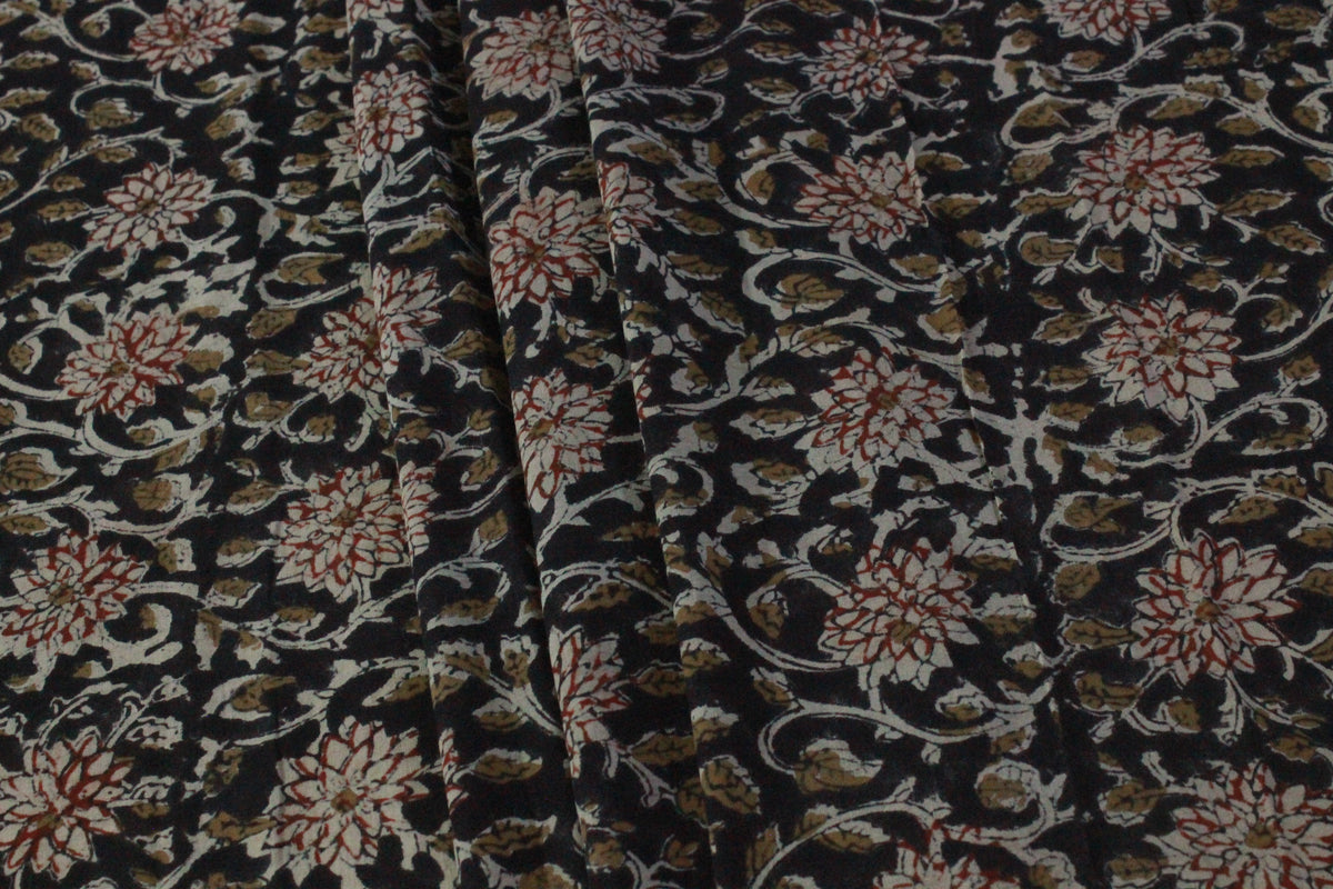 Black Cotton Traditional Floral Hand Block Print Unstiched Material For Men's Kurta Shirts & Women's Kurti and Other Dress Material