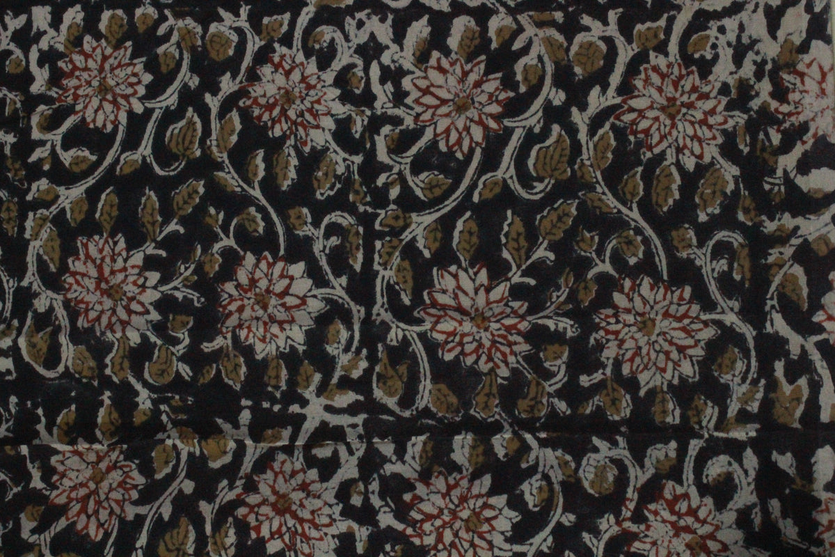 Black Cotton Traditional Floral Hand Block Print Unstiched Material For Men's Kurta Shirts & Women's Kurti and Other Dress Material