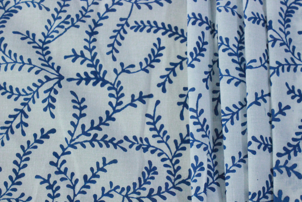 Blue Floral Blockprint Cotton Fabric: Handstamped Indian Fabric