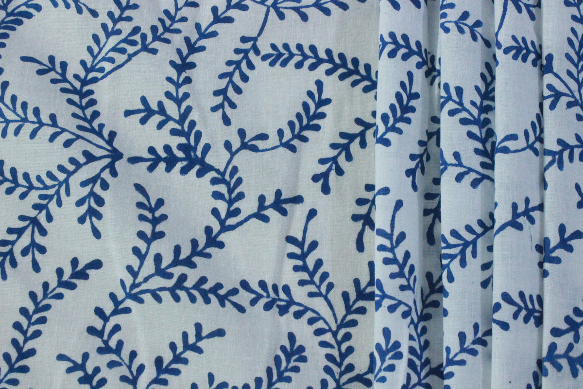 Blue Floral Blockprint Cotton Fabric: Handstamped Indian Fabric