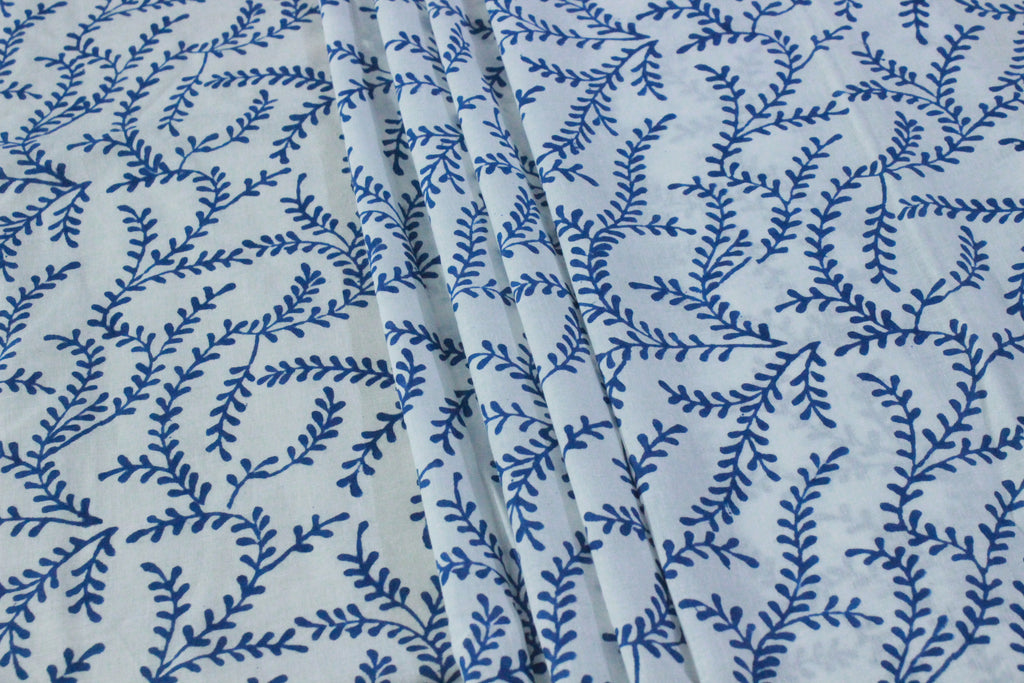 Blue Floral Blockprint Cotton Fabric: Handstamped Indian Fabric