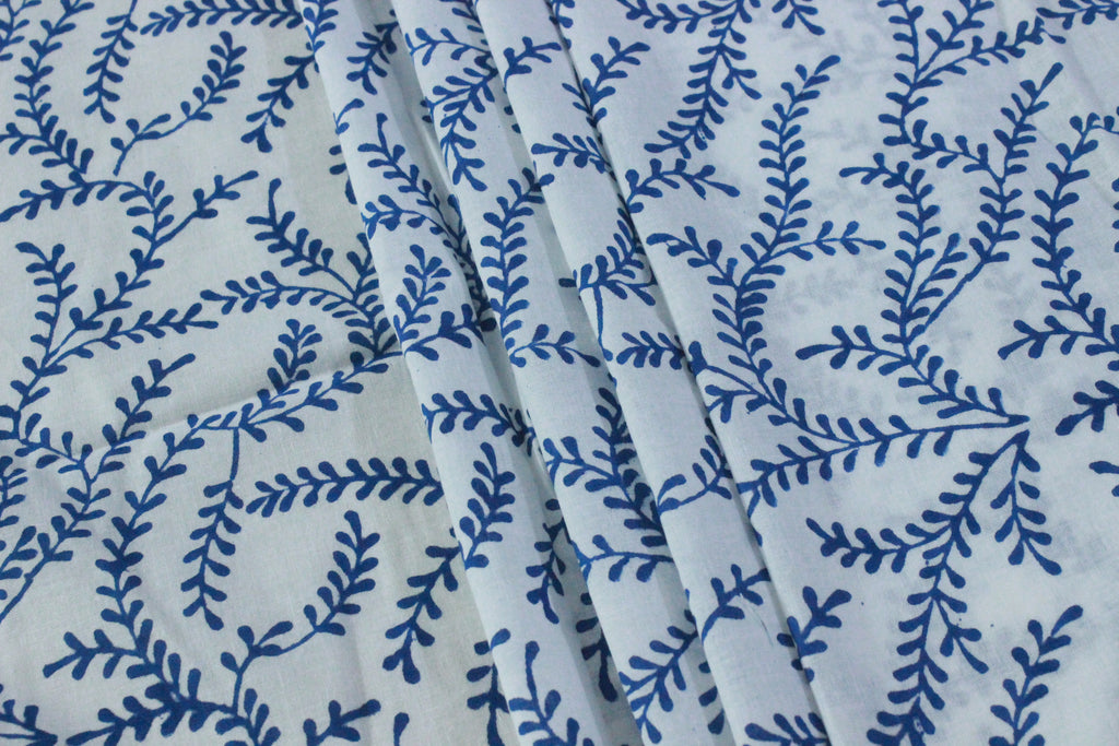 Blue Floral Blockprint Cotton Fabric: Handstamped Indian Fabric