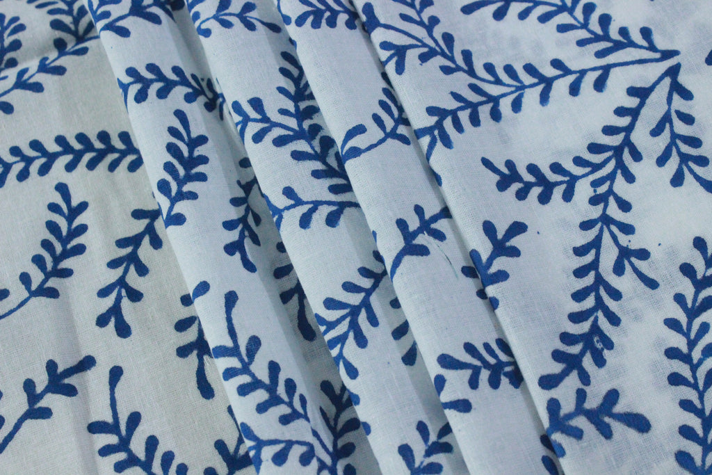Blue Floral Blockprint Cotton Fabric: Handstamped Indian Fabric