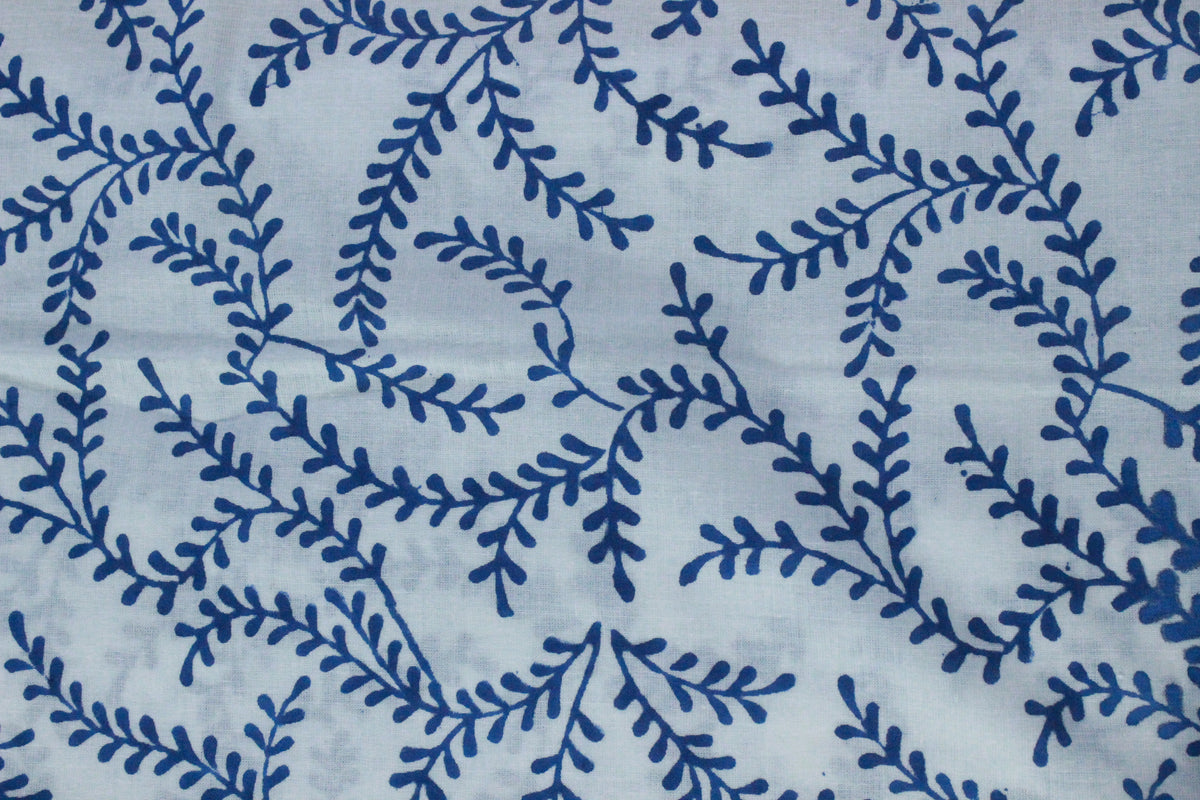 Blue Floral Blockprint Cotton Fabric: Handstamped Indian Fabric