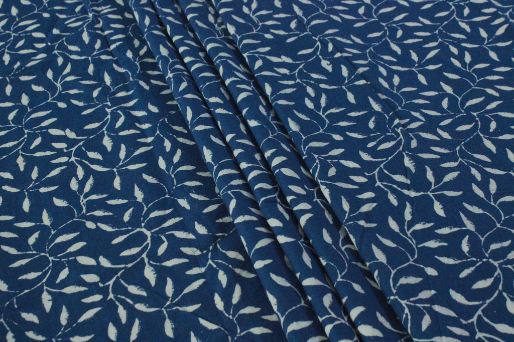 Blue Floral Blockprint Cotton Fabric: Handstamped Indian Fabric