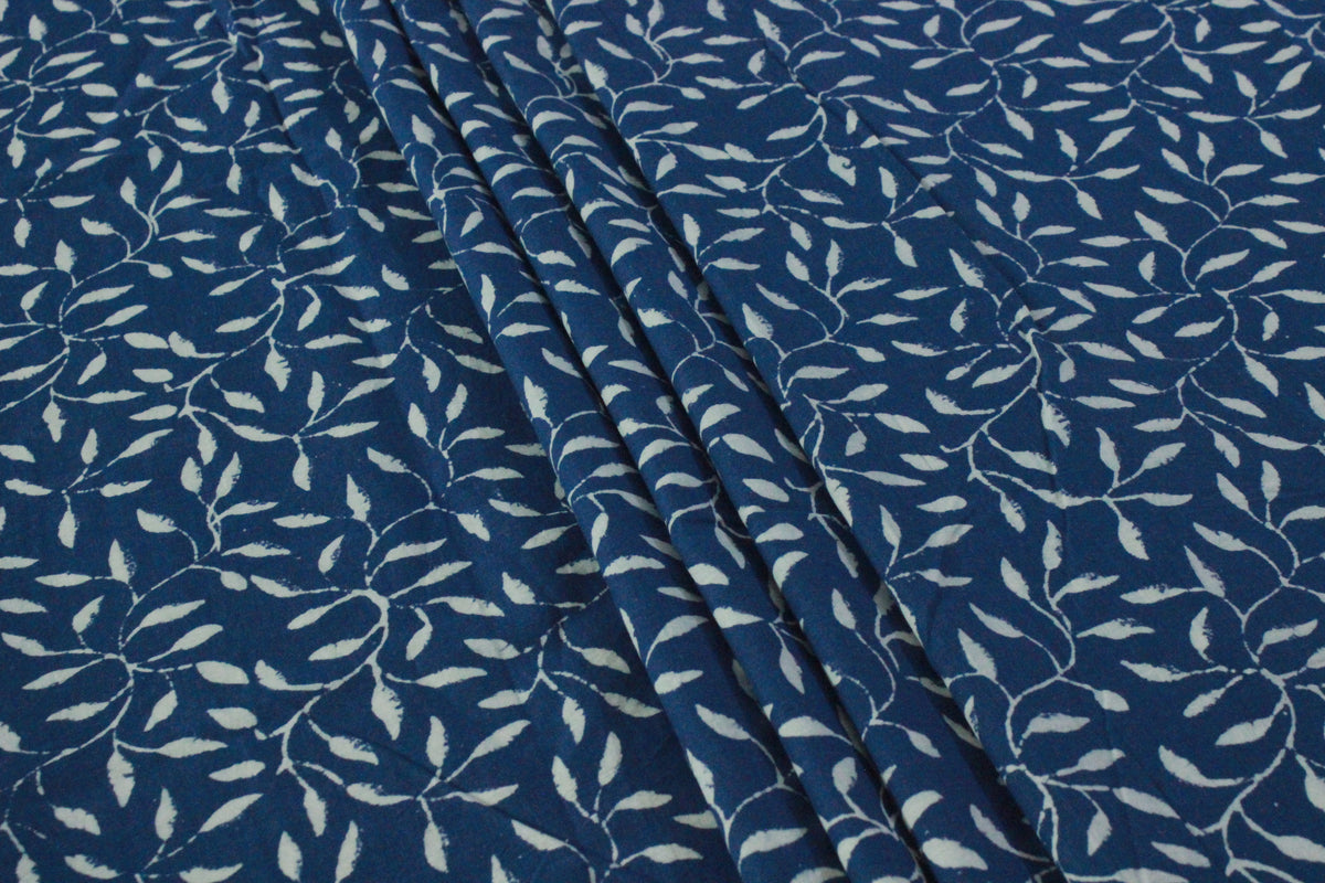Blue Floral Blockprint Cotton Fabric: Handstamped Indian Fabric