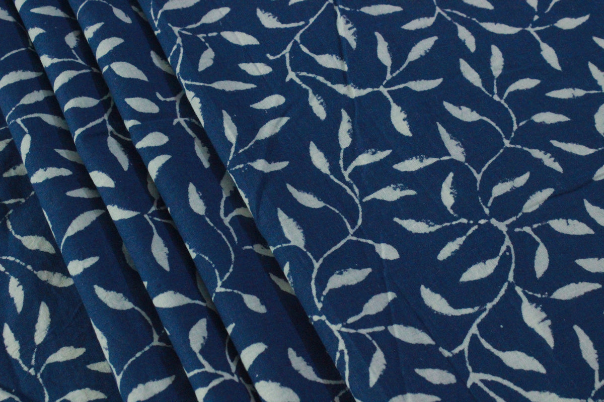 Blue Floral Blockprint Cotton Fabric: Handstamped Indian Fabric