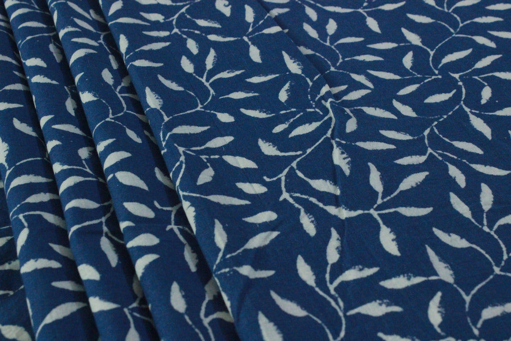 Blue Floral Blockprint Cotton Fabric: Handstamped Indian Fabric