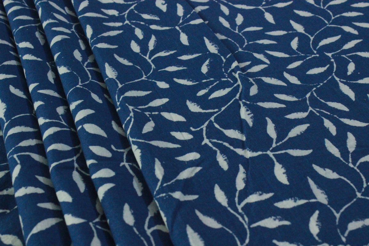 Blue Floral Blockprint Cotton Fabric: Handstamped Indian Fabric