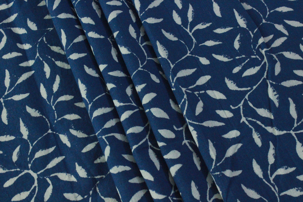 Blue Floral Blockprint Cotton Fabric: Handstamped Indian Fabric