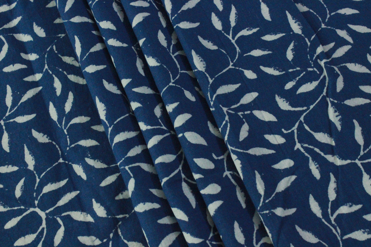 Blue Floral Blockprint Cotton Fabric: Handstamped Indian Fabric
