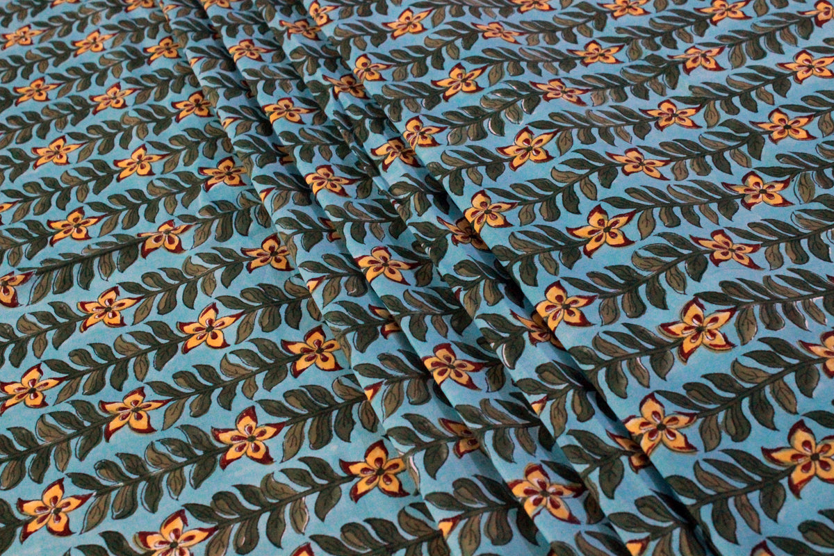 Blue and Yellow colour Pure Cotton Block Print Fabric by the Yard, fabric by the meter, Indian Wood Block, Handstamped