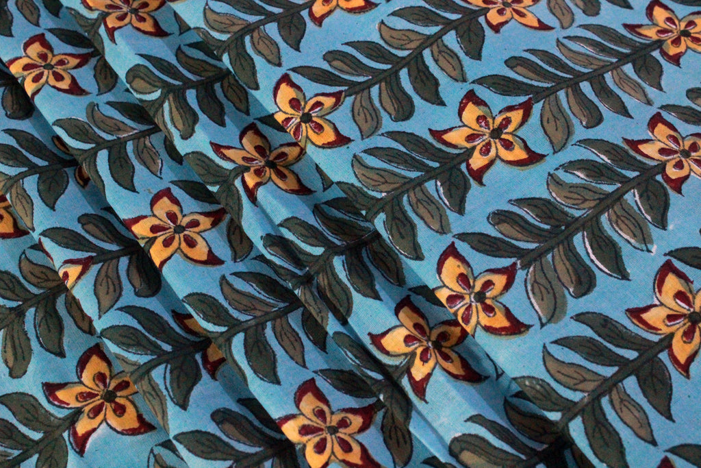 Blue and Yellow colour Pure Cotton Block Print Fabric by the Yard, fabric by the meter, Indian Wood Block, Handstamped