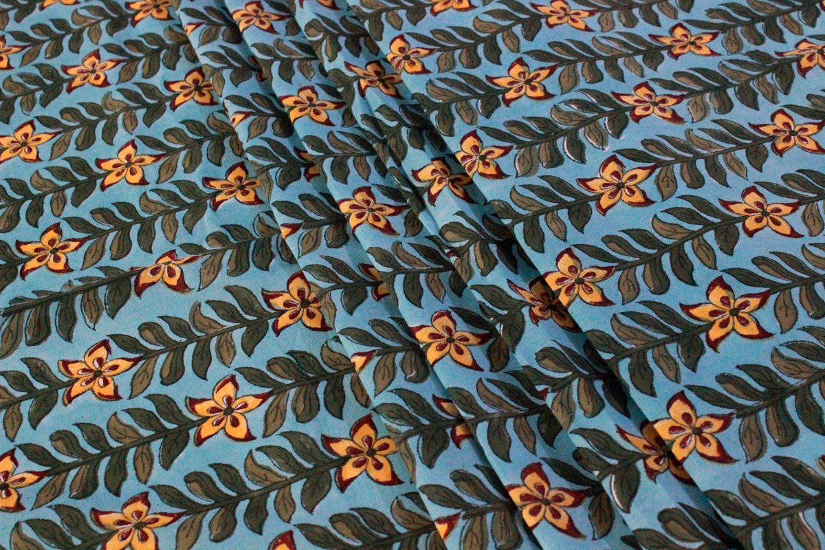 Blue and Yellow colour Pure Cotton Block Print Fabric by the Yard, fabric by the meter, Indian Wood Block, Handstamped