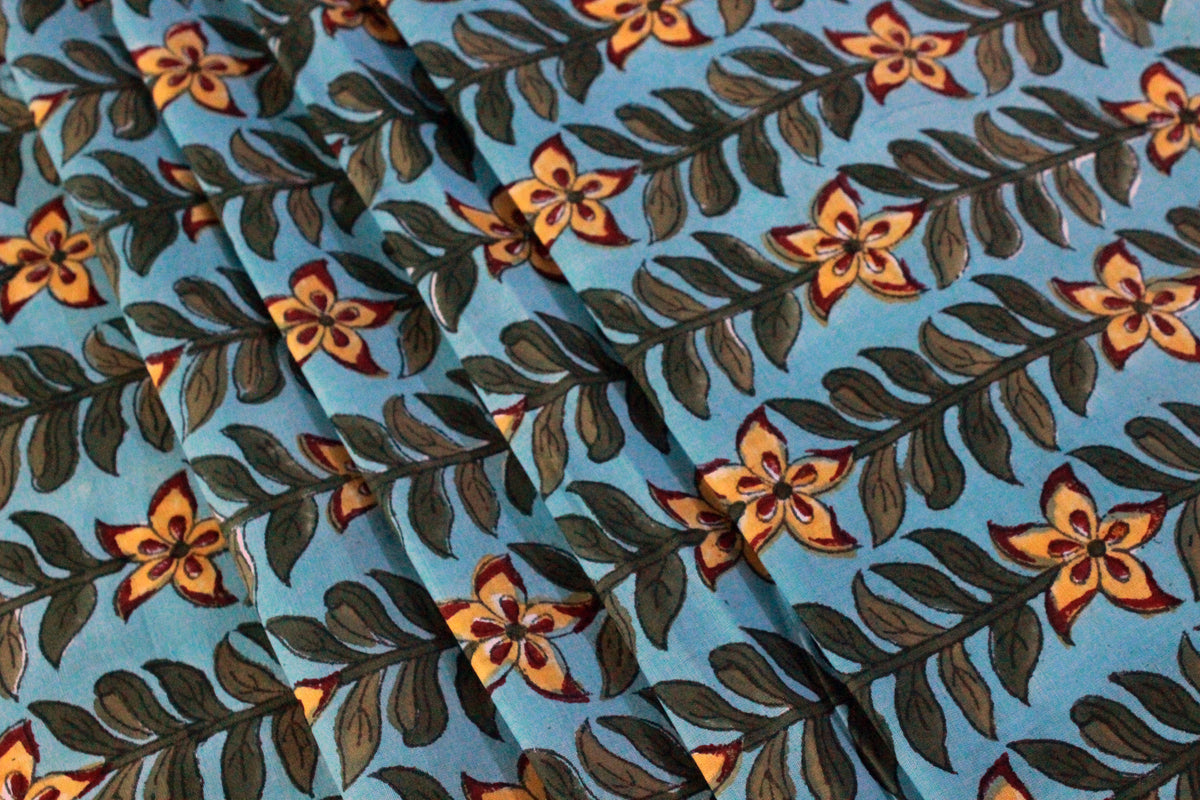 Blue and Yellow colour Pure Cotton Block Print Fabric by the Yard, fabric by the meter, Indian Wood Block, Handstamped