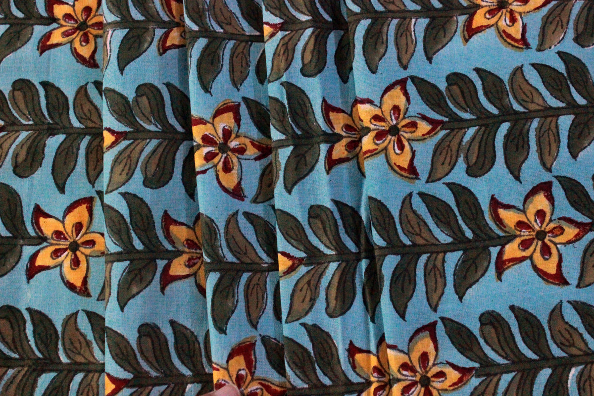 Blue and Yellow colour Pure Cotton Block Print Fabric by the Yard, fabric by the meter, Indian Wood Block, Handstamped
