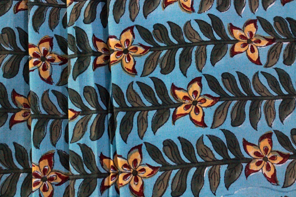 Blue and Yellow colour Pure Cotton Block Print Fabric by the Yard, fabric by the meter, Indian Wood Block, Handstamped
