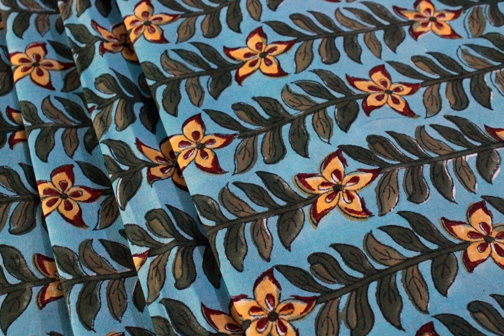 Blue and Yellow colour Pure Cotton Block Print Fabric by the Yard, fabric by the meter, Indian Wood Block, Handstamped