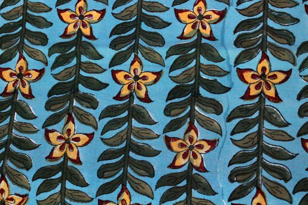 Blue and Yellow colour Pure Cotton Block Print Fabric by the Yard, fabric by the meter, Indian Wood Block, Handstamped