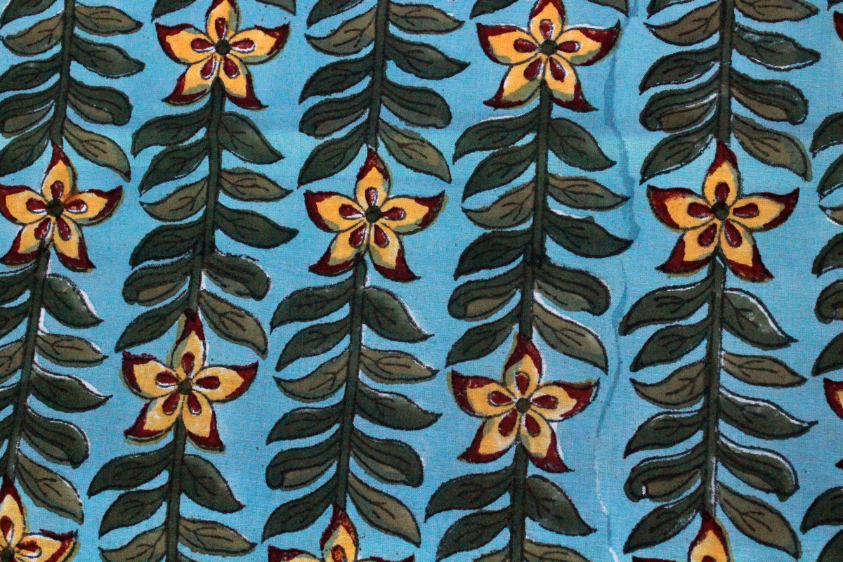 Blue and Yellow colour Pure Cotton Block Print Fabric by the Yard, fabric by the meter, Indian Wood Block, Handstamped