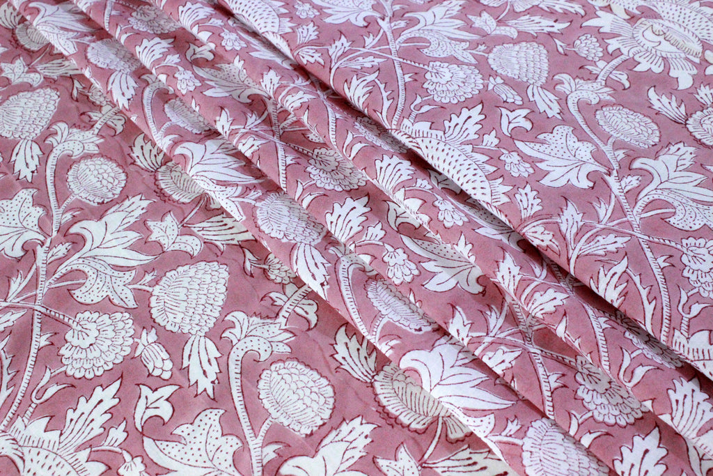 Mughal Block Print Cotton Fabric: Pink Floral Dress Material