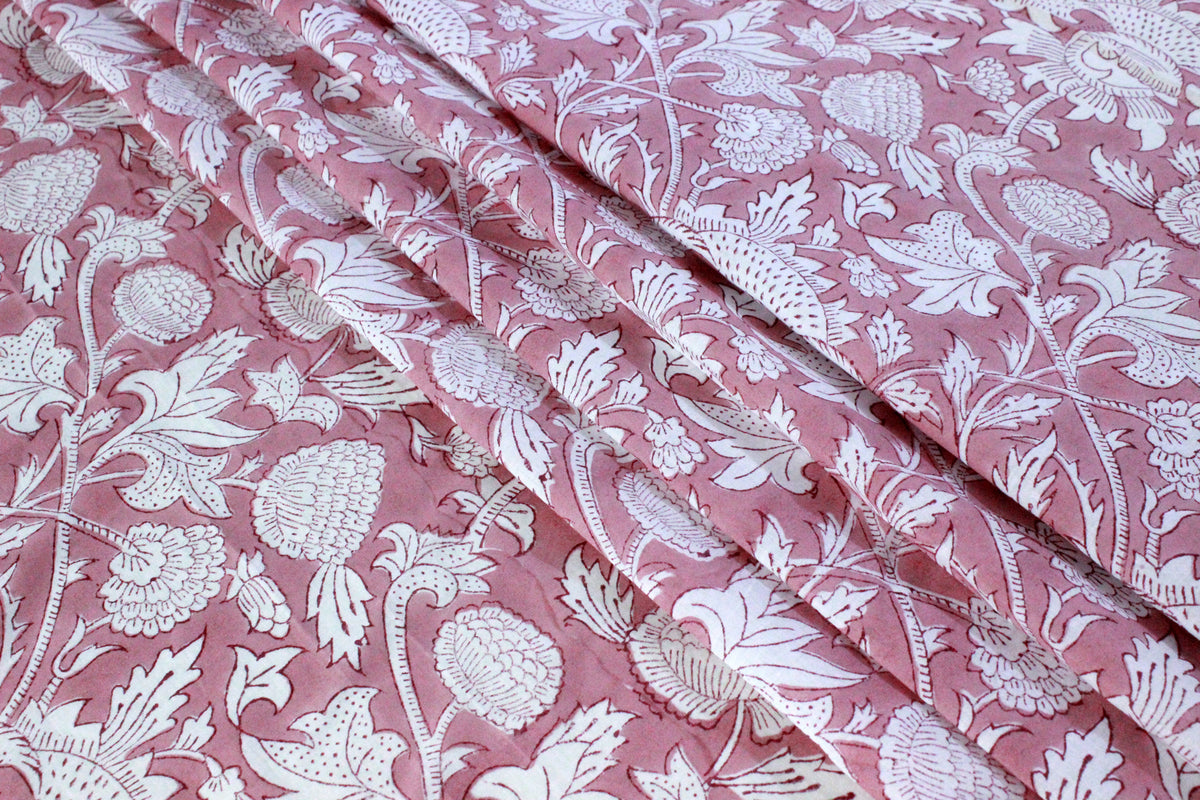 Mughal Block Print Cotton Fabric: Pink Floral Dress Material