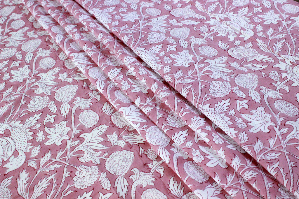 Mughal Block Print Cotton Fabric: Pink Floral Dress Material