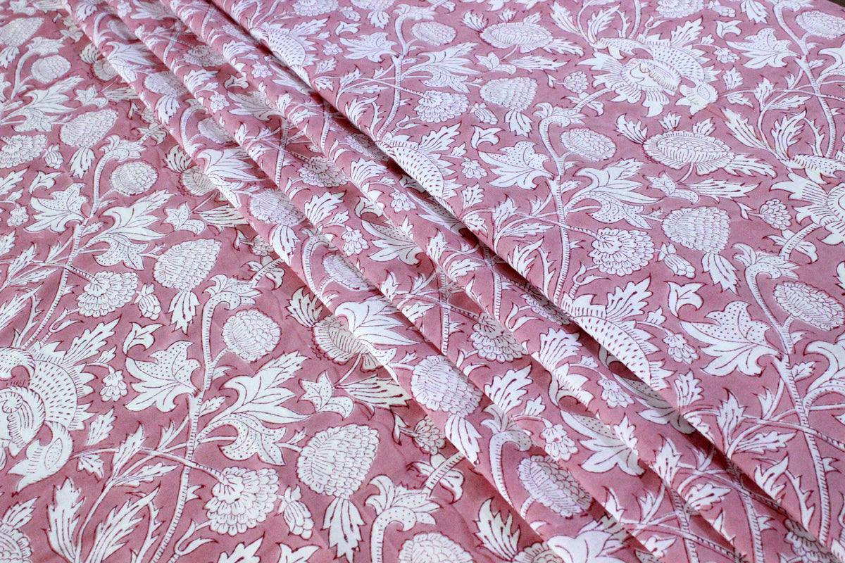 Mughal Block Print Cotton Fabric: Pink Floral Dress Material