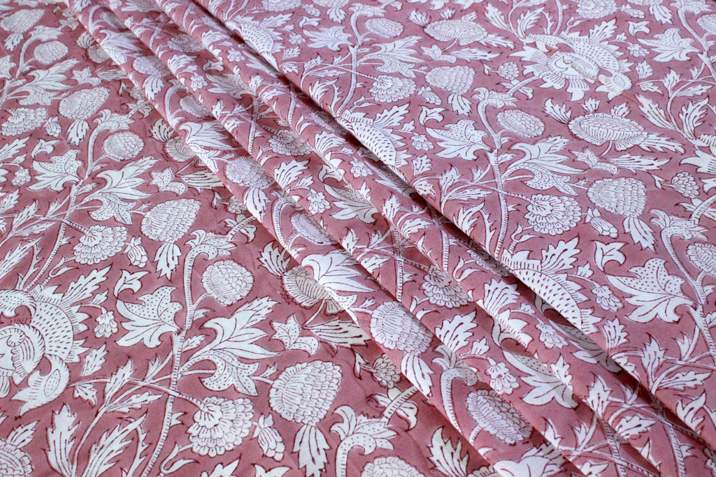 Mughal Block Print Cotton Fabric: Pink Floral Dress Material