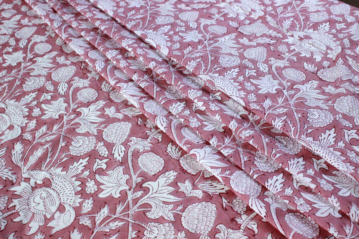 Mughal Block Print Cotton Fabric: Pink Floral Dress Material