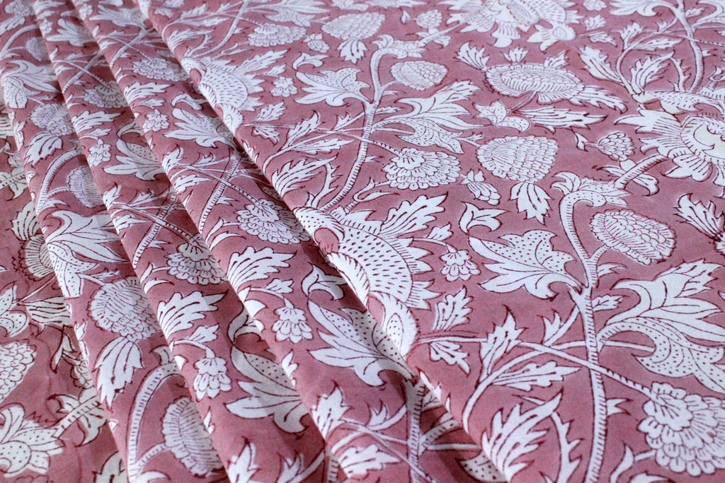 Mughal Block Print Cotton Fabric: Pink Floral Dress Material