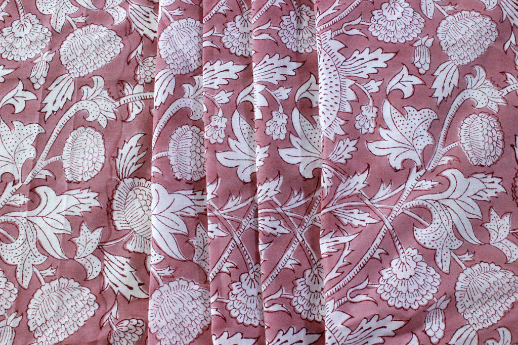 Mughal Block Print Cotton Fabric: Pink Floral Dress Material