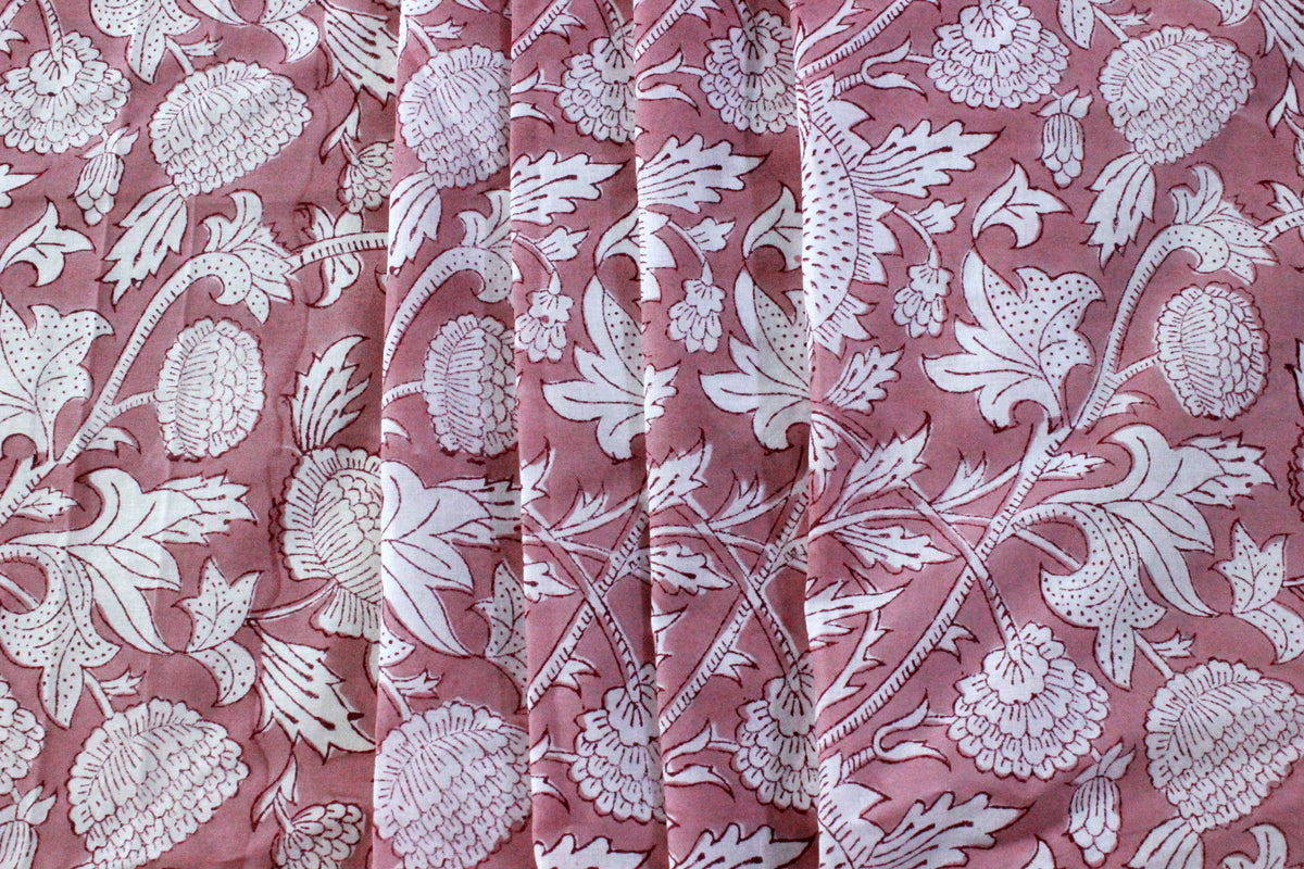Mughal Block Print Cotton Fabric: Pink Floral Dress Material