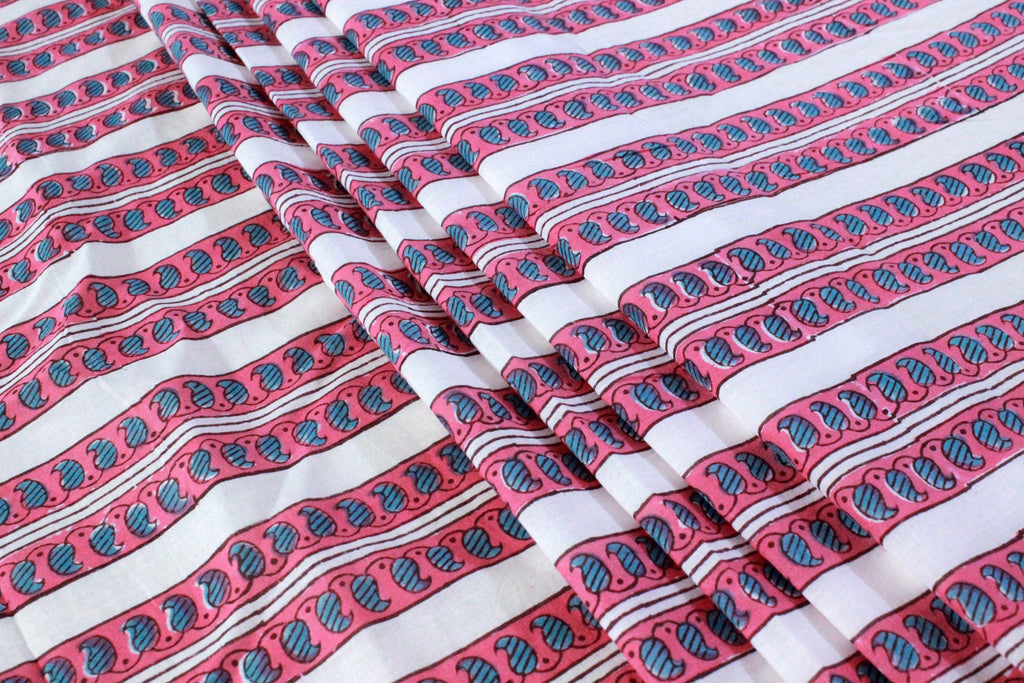 Pink Floral Hand Block Print Cotton Fabric - Indian Mughal Design