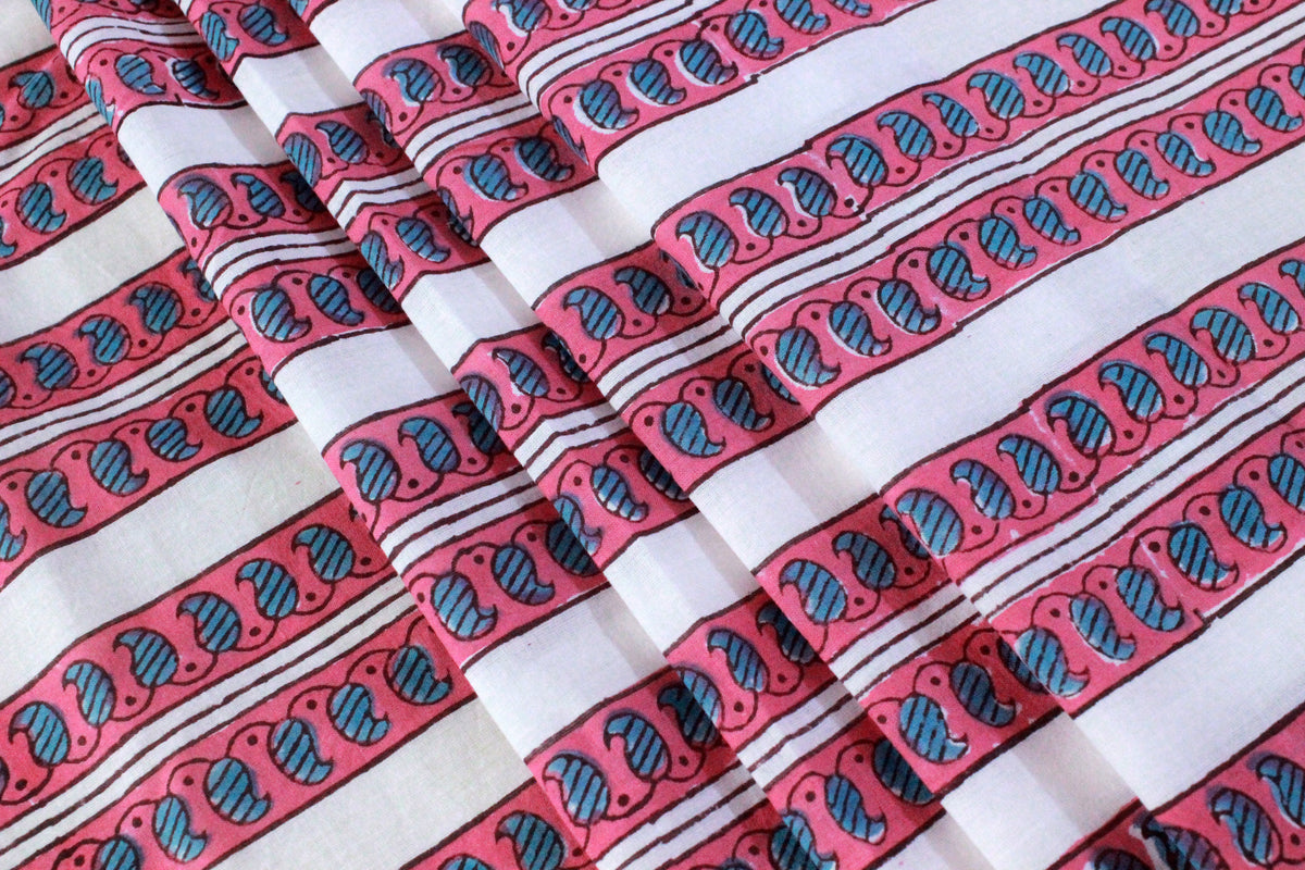Pink Floral Hand Block Print Cotton Fabric - Indian Mughal Design