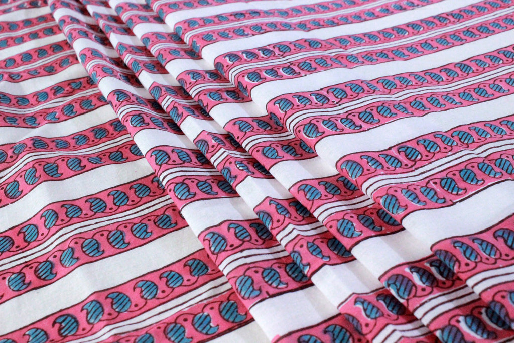 Pink Floral Hand Block Print Cotton Fabric - Indian Mughal Design