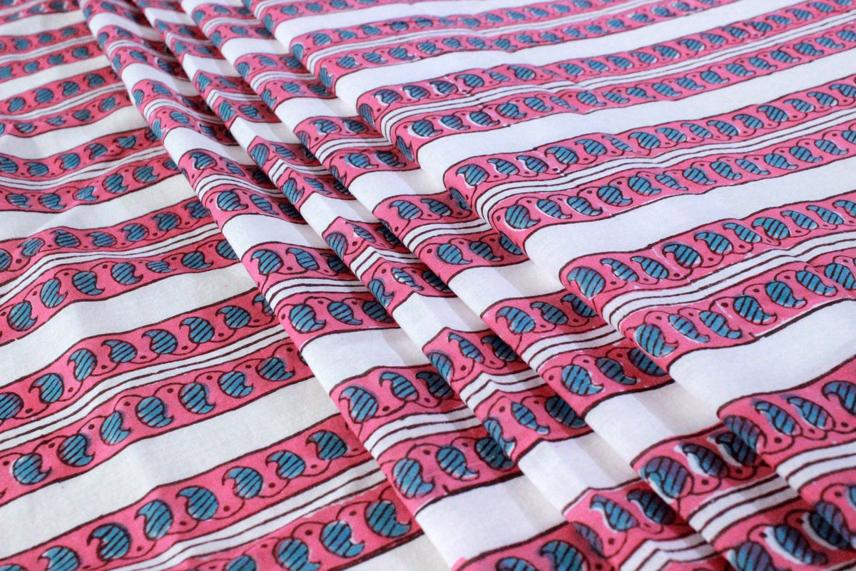 Pink Floral Hand Block Print Cotton Fabric - Indian Mughal Design
