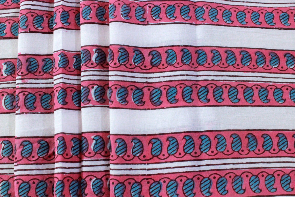 Pink Floral Hand Block Print Cotton Fabric - Indian Mughal Design