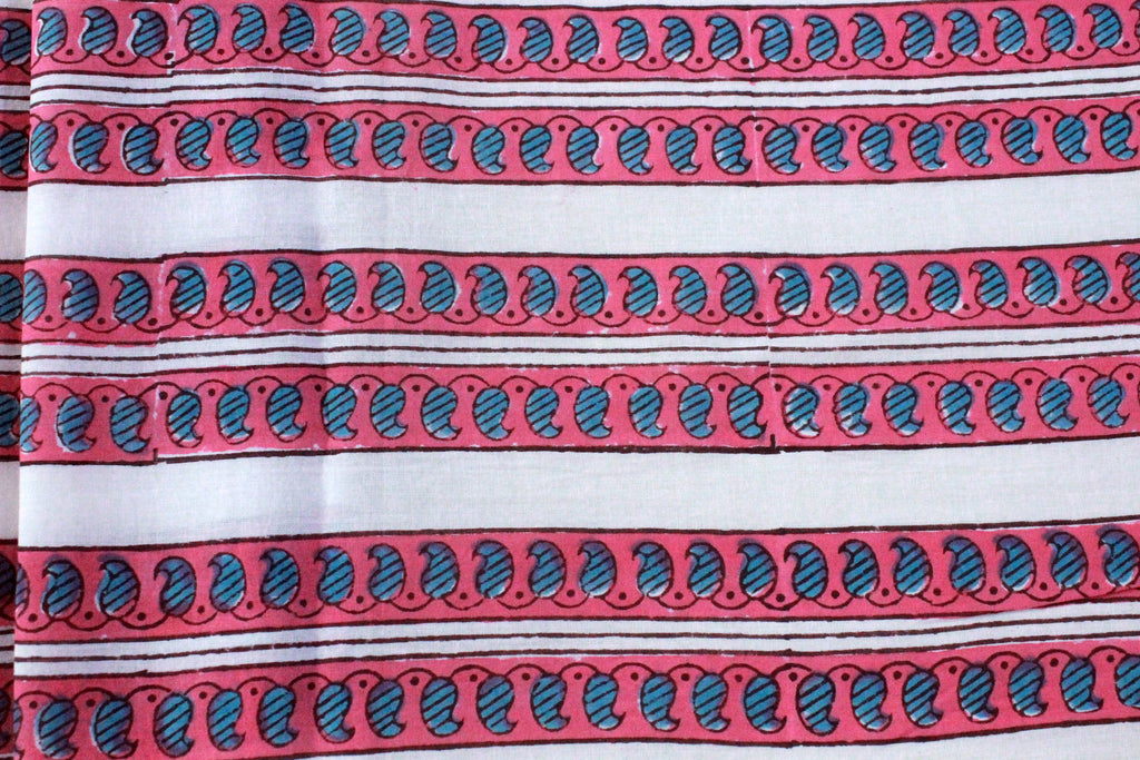 Pink Floral Hand Block Print Cotton Fabric - Indian Mughal Design