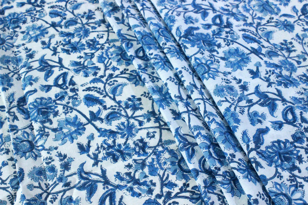 Blue Floral Cotton Fabric: Hand Block Print Indian Fabric by the Yard
