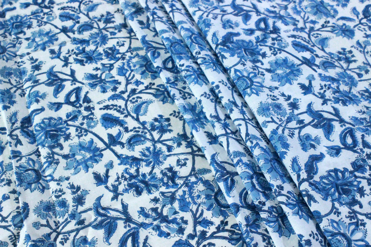 Blue Floral Cotton Fabric: Hand Block Print Indian Fabric by the Yard