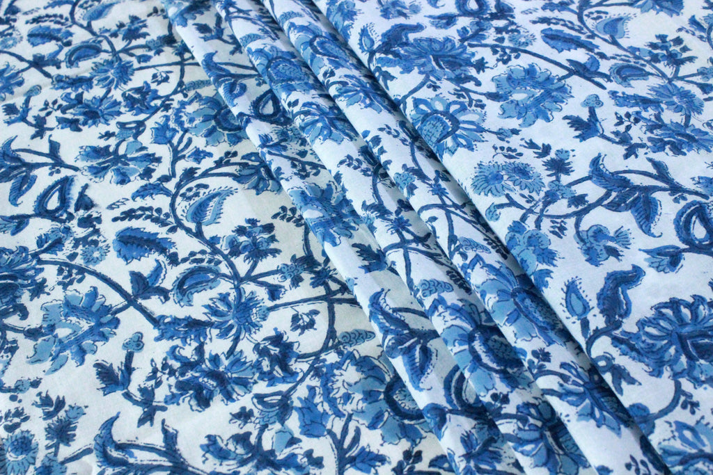 Blue Floral Cotton Fabric: Hand Block Print Indian Fabric by the Yard