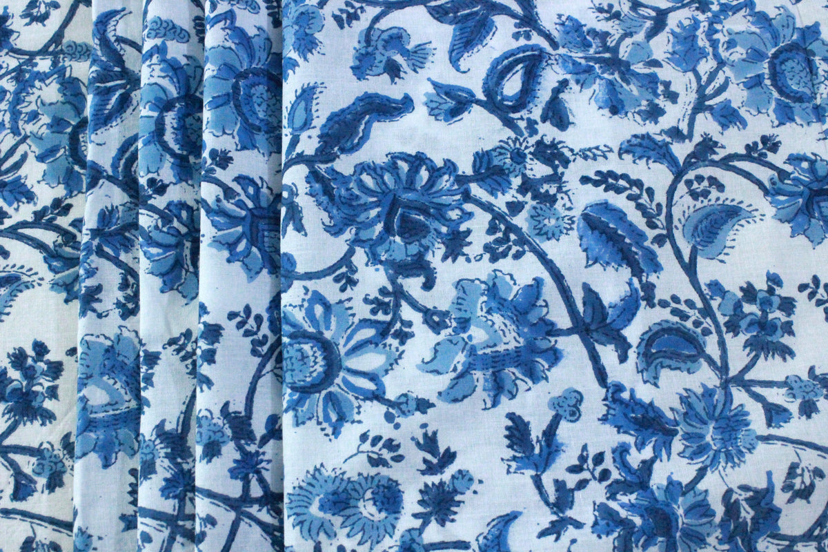 Blue Floral Cotton Fabric: Hand Block Print Indian Fabric by the Yard