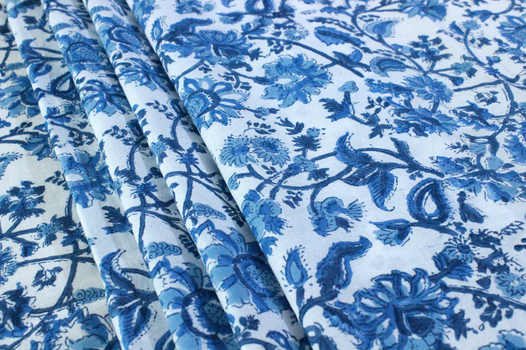 Blue Floral Cotton Fabric: Hand Block Print Indian Fabric by the Yard