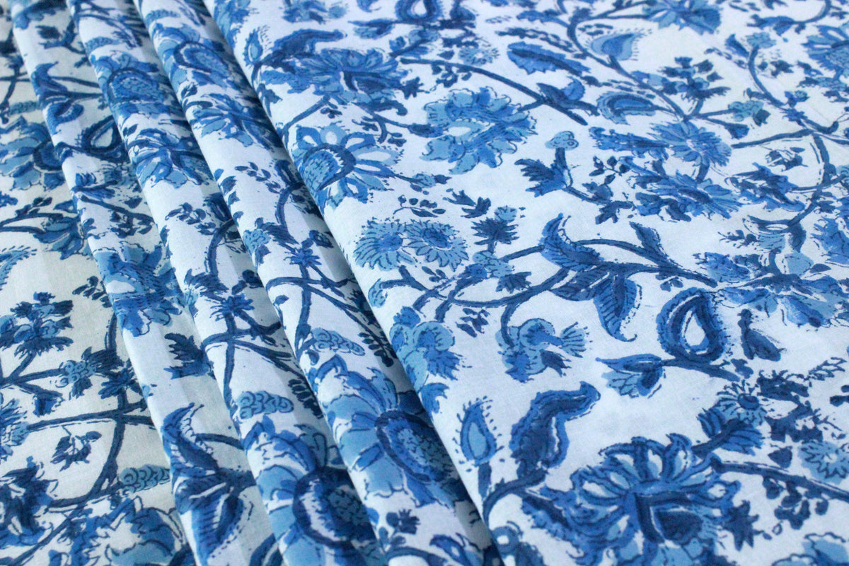 Blue Floral Cotton Fabric: Hand Block Print Indian Fabric by the Yard