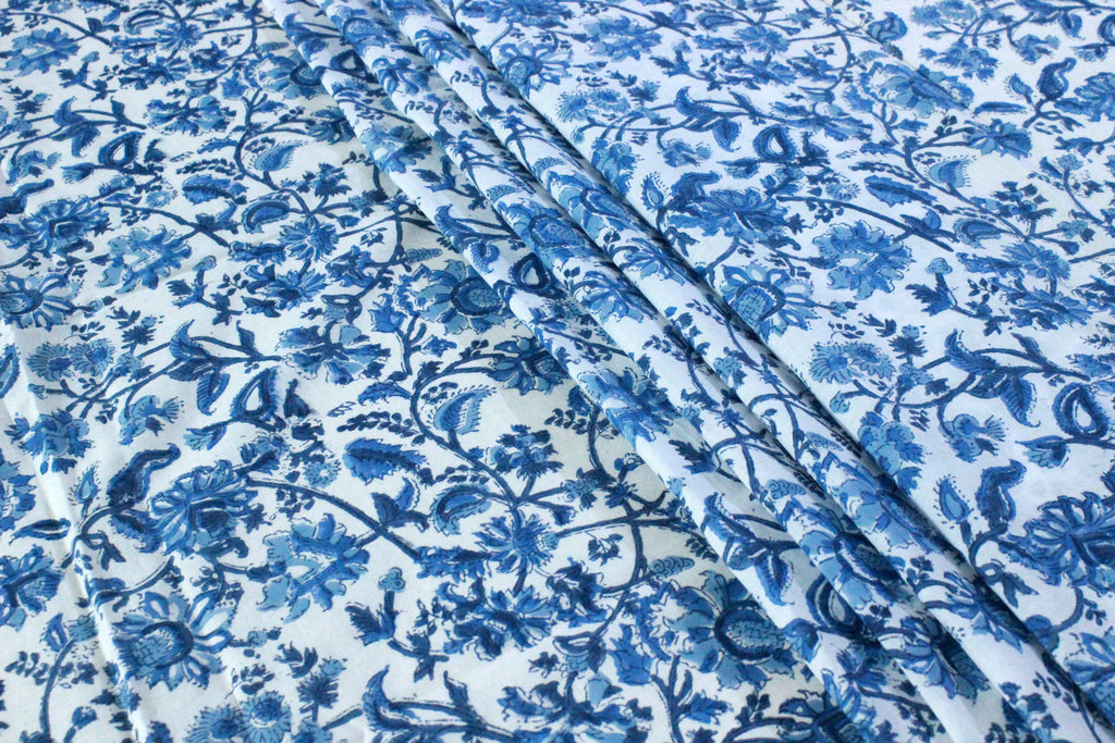 Blue Floral Cotton Fabric: Hand Block Print Indian Fabric by the Yard