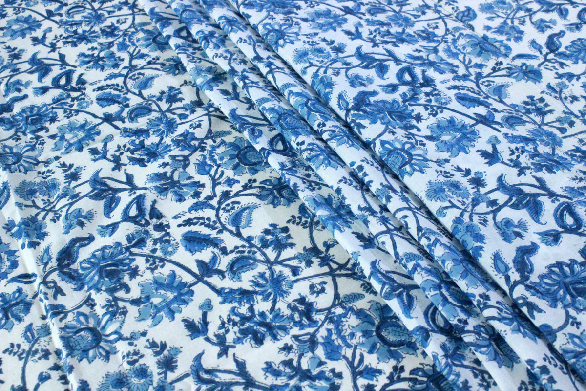 Blue Floral Cotton Fabric: Hand Block Print Indian Fabric by the Yard